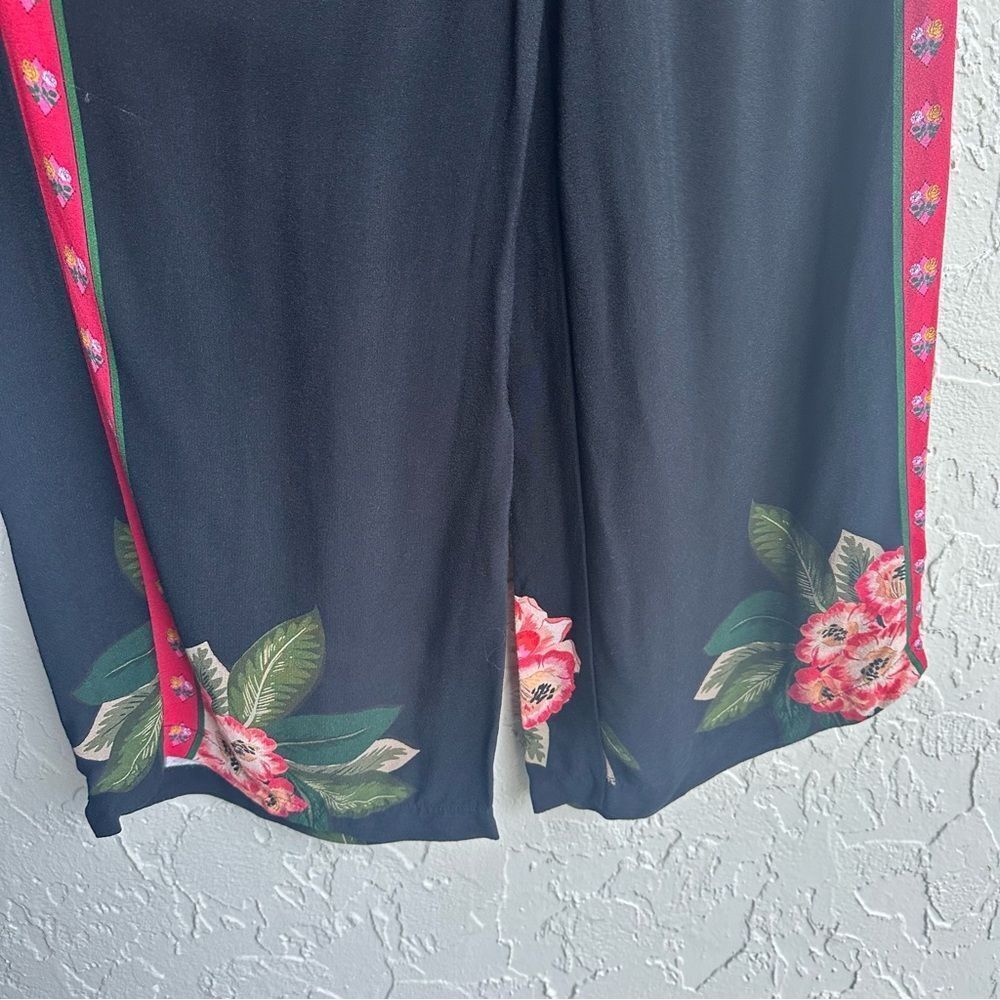 Desigual Black Wide Leg Pants with Red Floral Trim - Picture 5 of 11